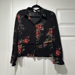 Emma James, black floral blouse with velvet accents 12P button down